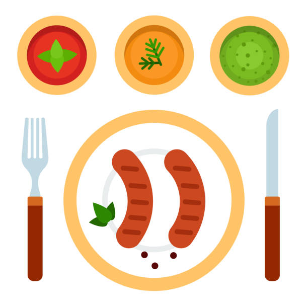 ilustrações de stock, clip art, desenhos animados e ícones de grilled sausages on a plate. cutlery and sauces in mugs vector flat isolated - cooked barbecue eating serving