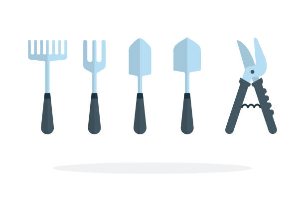 narzędzia ogrodowe w rzędzie płaskim izolowanym - shovel spring claw hobbies stock illustrations