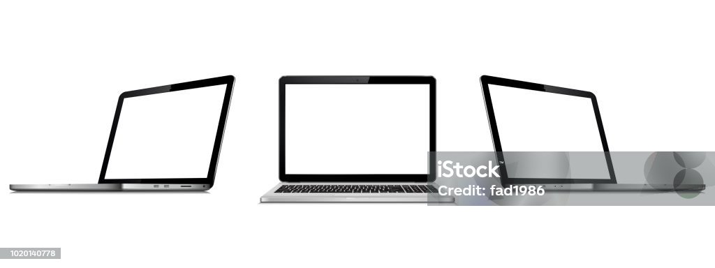 Laptops mock up Set of vector laptops with blank screen isolated on white background. Perspective and front view with blank screen. Laptop stock vector