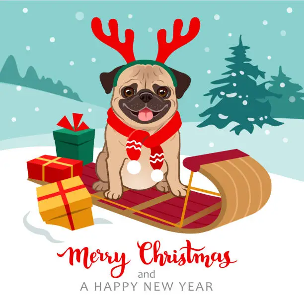 Vector illustration of Christmas pug dog cartoon illustration. Cute pug puppy wearing red scarf and antlers sitting on toboggan with gifts, winter snowy hills with trees in background. Pets, dog lovers, Christmas theme.