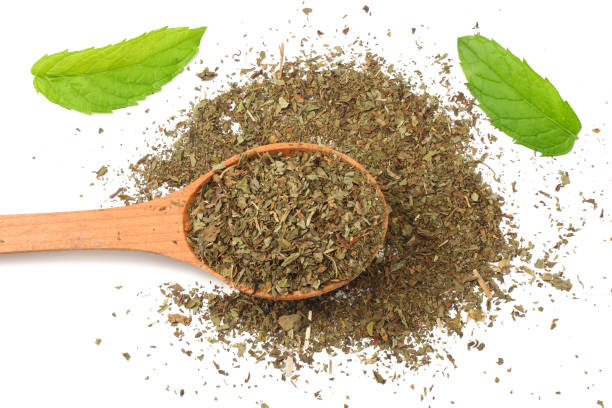 istock Fresh mint leaves with dried mint in wooden spoon isolated on white background 1020151994