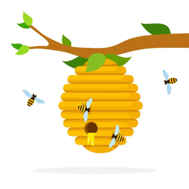 Vector illustration of Honey hive with bees hanging on a branch flat isolated