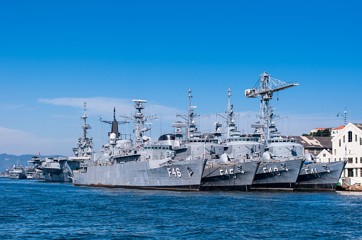 Rio de Janeiro, Brazil - August 9, 2018; Brazilian Navy warships anchored in military base at Guanabara Bay.