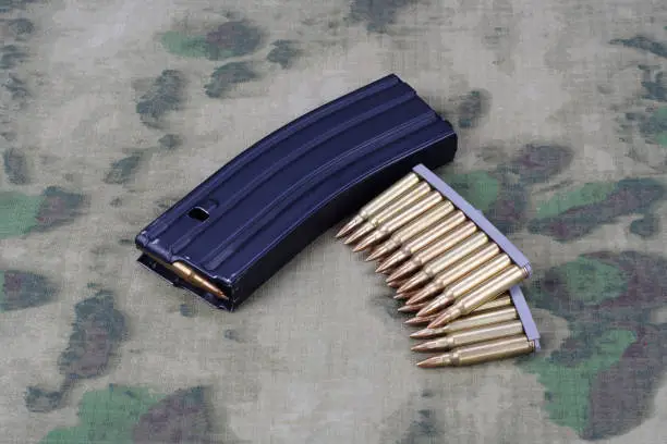 Ammunition with magazine on camouflage background