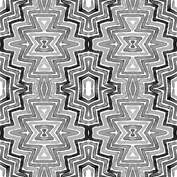 Black and white Geometric Watercolor. Curious Seamless Pattern. Hand Drawn Stripes. Brush Texture. E