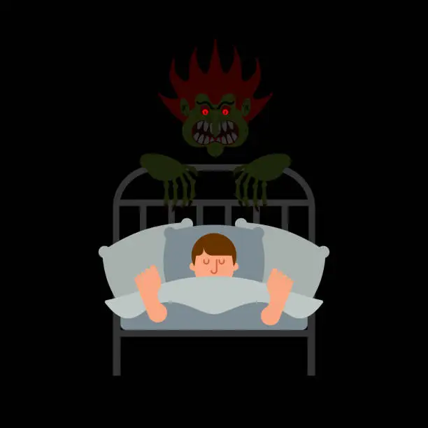 Vector illustration of Guy in bed and Nightmare. Horror of night. Horrible dream. Monster in night. Vector illustration