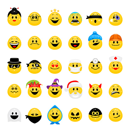 Collection of smiley emoticons in cartoon style isolated on white background.
