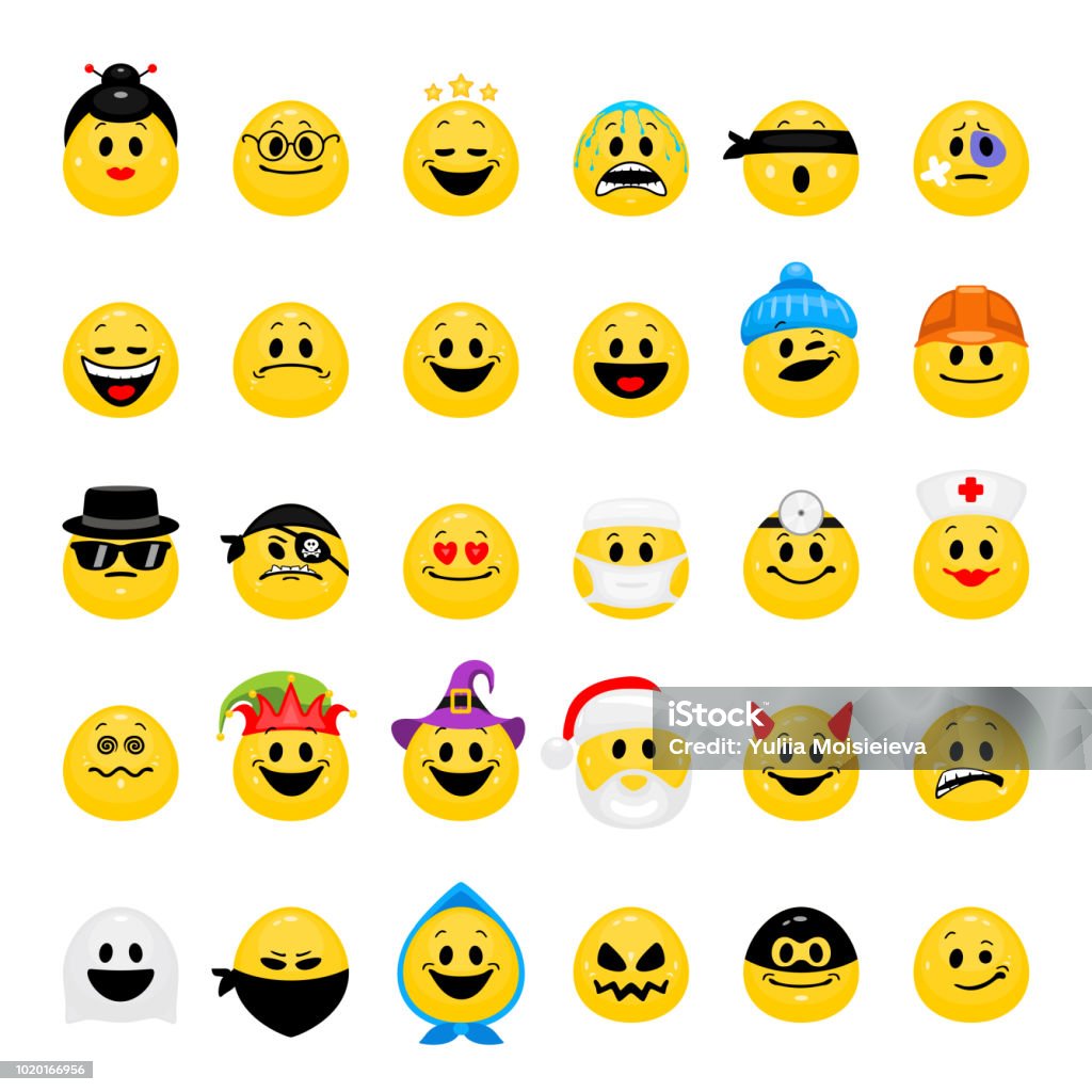 Vector set of emoji. Collection of smiley emoticons in cartoon style isolated on white background. Emoticon stock vector