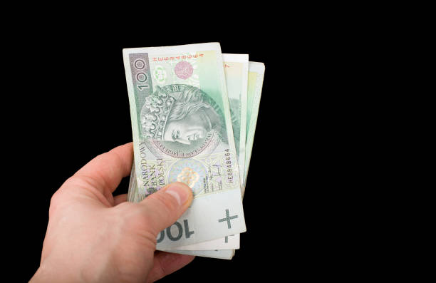 istock Polish money in hand on black background. 1020172856