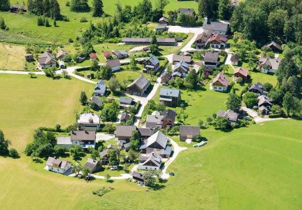 Aerial of the beautiful small village Obertressen, Bad Aussee in the middle of the Austrian Alps. Nikon D850. Converted from RAW.