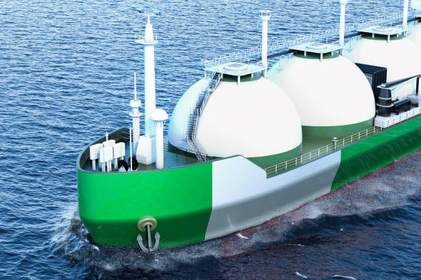 istock Nigerian gas tanker sailing in ocean, 3D rendering 1020197486