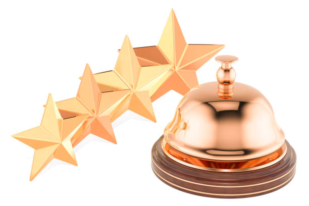 istock Reception Service Bell with 4 Stars Rating, 3D rendering isolated on white background 1020197536