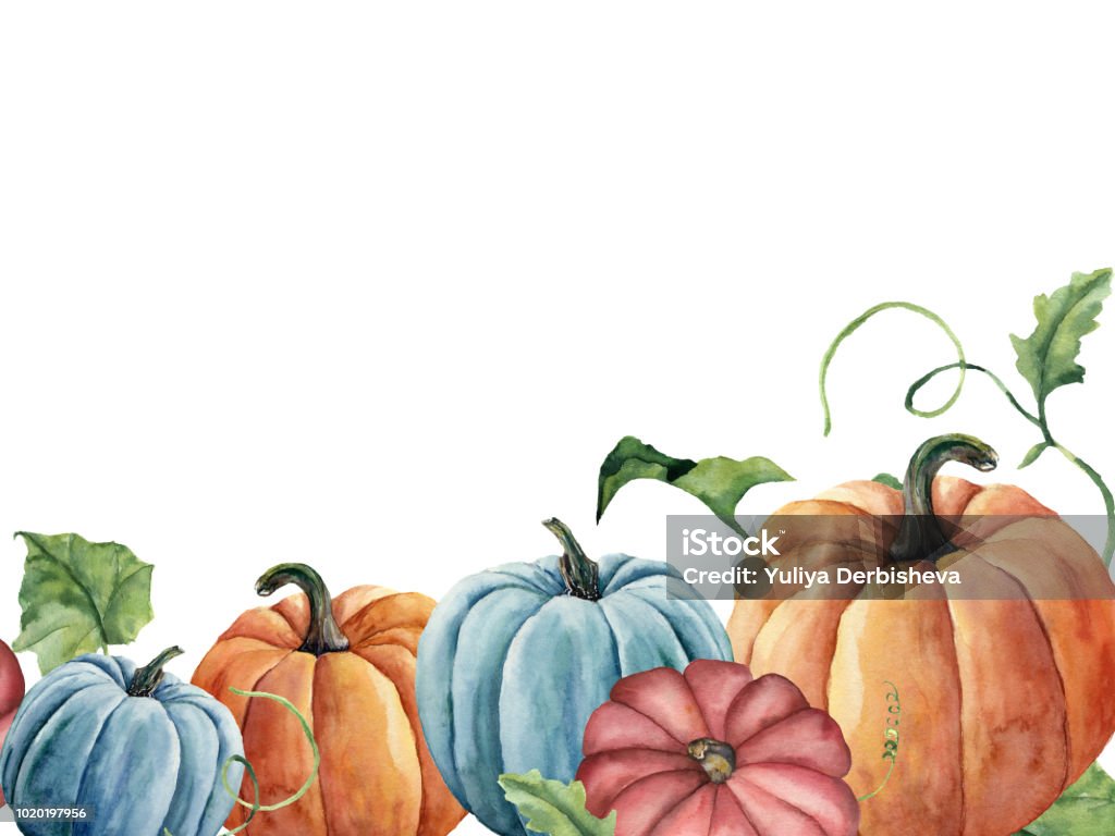 Watercolor bright pumpkin and leaves card. Hand painted autumn pumpkin ornament with branch isolated on white background. Botanical illustration for design and fabric, halloween. Watercolor bright pumpkin and leaves card. Hand painted autumn pumpkin ornament with branch isolated on white background. Botanical illustration for design and fabric, halloween Pumpkin stock illustration