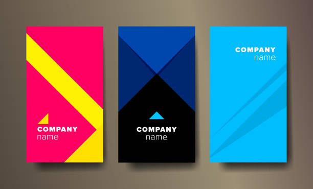 Set of three vertical abstract business cards with graphic elements. - ilustração de arte vetorial