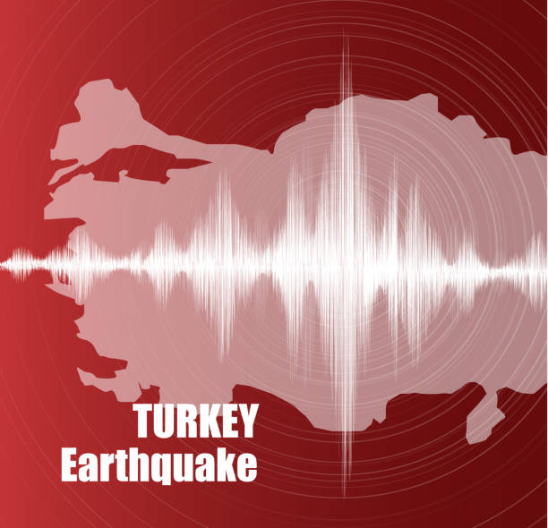 土耳其地震波與圓圈振動在紅色背景, 音訊圖概念, 教育設計, 科學和新聞, 向量插圖。 - turkey earthquake 幅插畫檔、美工圖案、卡通及圖標