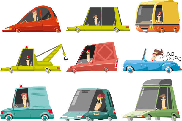 illustrazioni stock, clip art, cartoni animati e icone di tendenza di set auto - pick up truck old car traffic