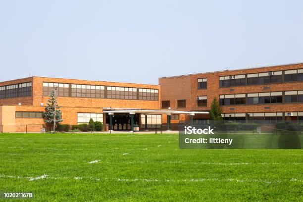 Typical American School Building Exterior Stock Photo - Download Image Now - School Building, Education, Outdoors