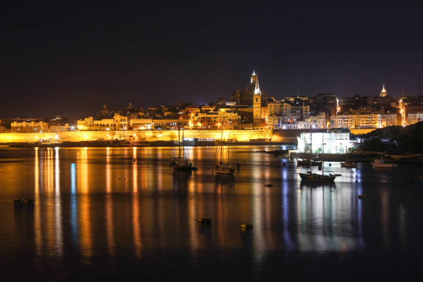 istock Night lights of Valletta Grand Harbour from Sliema 1020227132