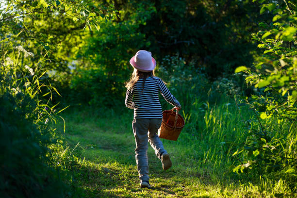 istock Young girl walking on a path through green woods carrying a basket 1020227472