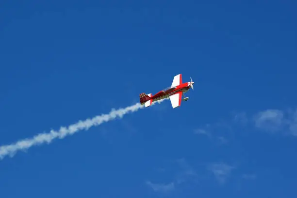 Model of acrobatic airplane Extra 330 flying and releasing smoke in a blue sky