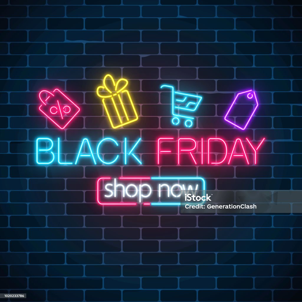 Rougeoyant au néon de la vente de vendredi noir avec symboles commerçantes. Bannière de vente saisonniers de web. Enseigne lumineuse de vendredi noir. - clipart vectoriel de Black Friday libre de droits