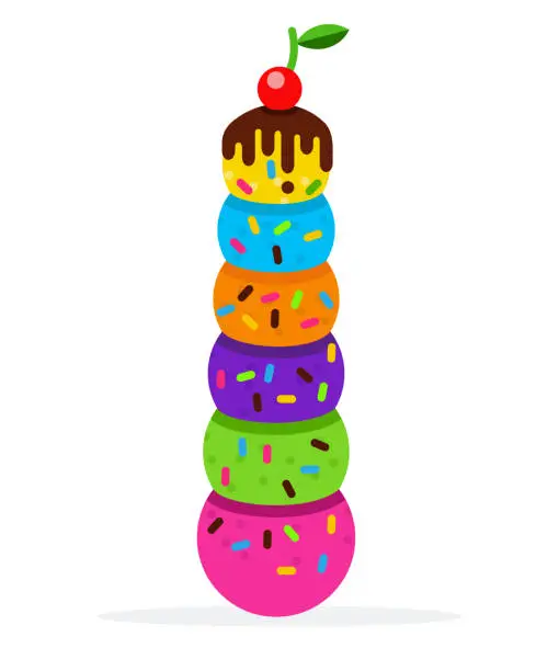 Vector illustration of Tower of ice cream balls with confectionery sprinkling flat isolated