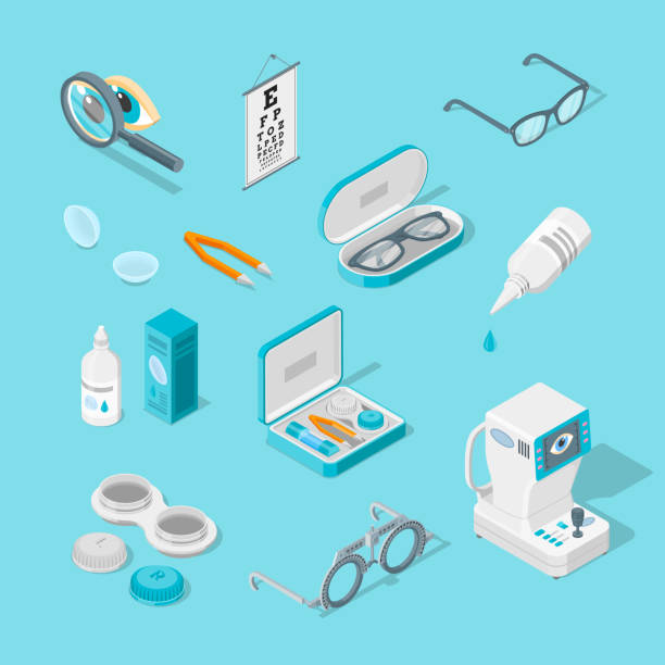 Eye care and health, vector 3d isometric icons set. Contact lenses, glasses, ophthalmology equipment illustration. Eye care and health, vector 3d isometric icons set. Contact lenses, glasses, ophthalmology medical equipment flat illustration. optometrist stock illustrations