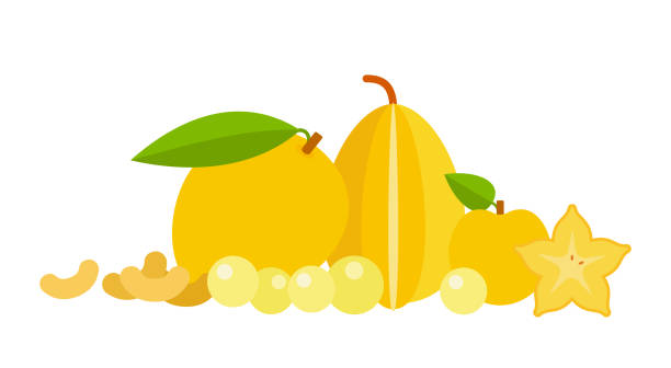 ilustraciones, imágenes clip art, dibujos animados e iconos de stock de conjunto de frutas de color amarillo y anacardos planos aislado - white background stack heap food and drink