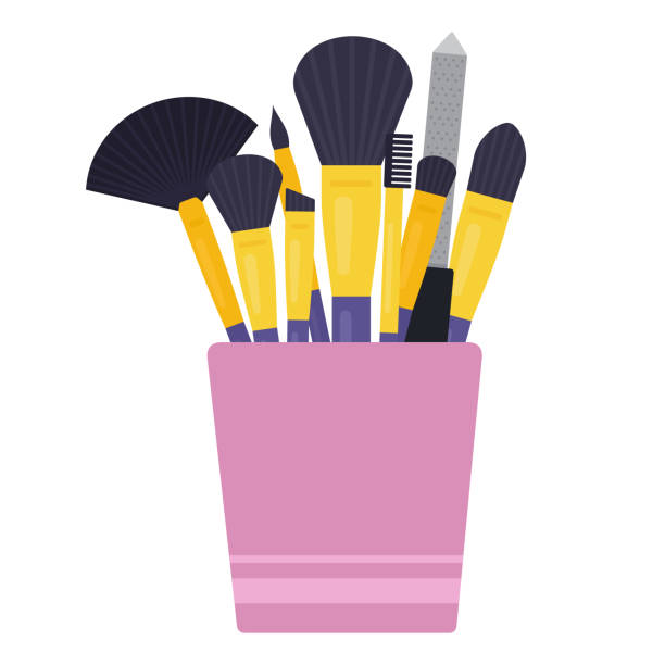 ilustrações de stock, clip art, desenhos animados e ícones de makeup brushes in cup vector flat isolated - foundation paintbrush make up brush femininity