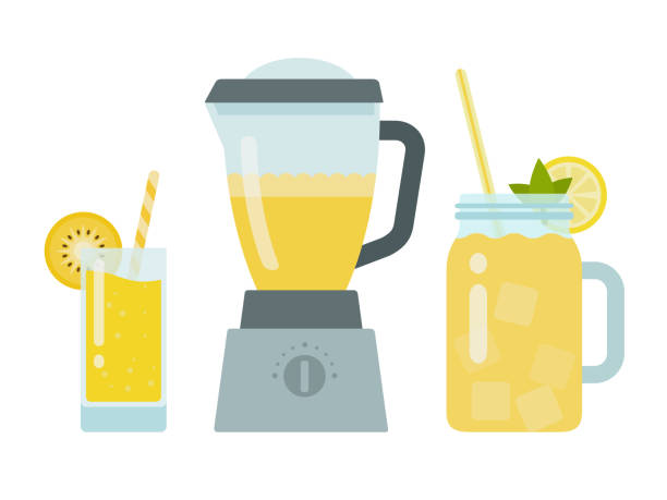 illustrations, cliparts, dessins animés et icônes de dans un verre de jus d’ananas, jus d’ananas dans un mélangeur et cocktail jaune dans un vecteur de récipient plat isolé - machine part illustrations