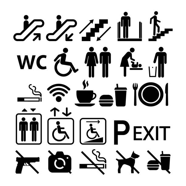 ilustrações de stock, clip art, desenhos animados e ícones de public building universal icon signs. shopping center information signs set of symbols. - escalator
