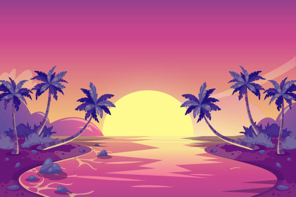 ilustrações, clipart, desenhos animados e ícones de pôr do sol de verão tropical. ilustração de paisagem ilha de desenho vetorial. palmeiras na praia oceano. - lagoon