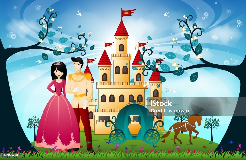 Beautiful Princess, Castle and cart Beautiful Princess, Castle and cart - full color Prince - Royal Person stock vector