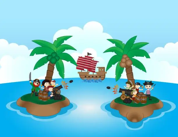 Vector illustration of Two pirate groups are fighting in small island