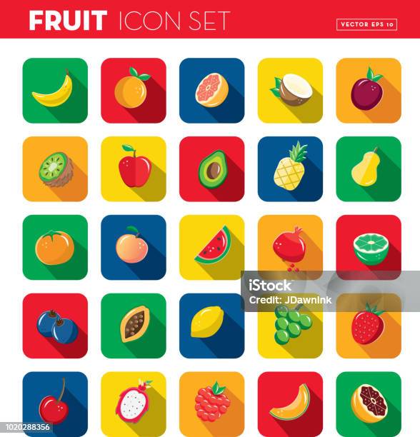 Fruit Flat Design Themed Icon Set With Shadow Stock Illustration - Download Image Now - Fruit, Blueberry, Illustration