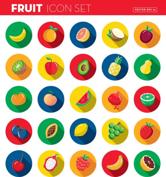 Vector illustration of Fruit Flat Design themed Icon set with shadow