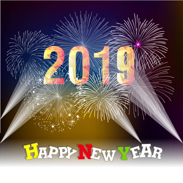 istock 2019 Happy New Year greeting card with colorful fireworks. Vector design template. 1020297556