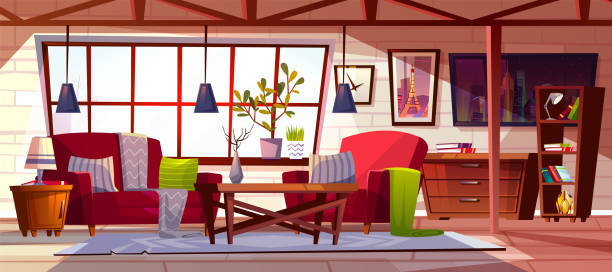 illustrations, cliparts, dessins animés et icônes de loft salon chambre intérieure vector illustration - wallpaper retro revival living room decor