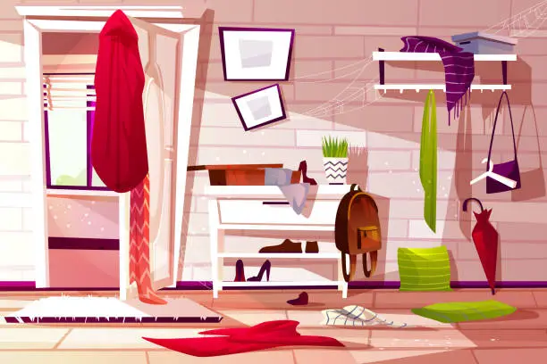 Vector illustration of Hallway room messy interior vector illustration