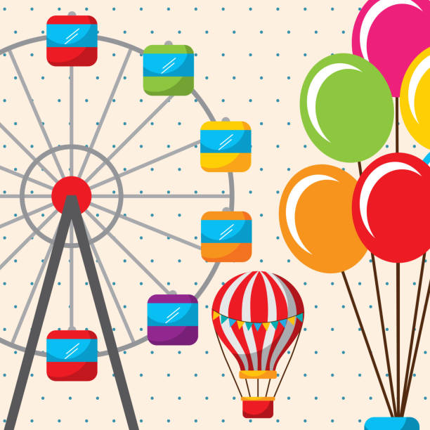 illustrazioni stock, clip art, cartoni animati e icone di tendenza di mongolfiera ruota panoramica carnevale divertente fiera festival - hot air balloon party carnival balloon