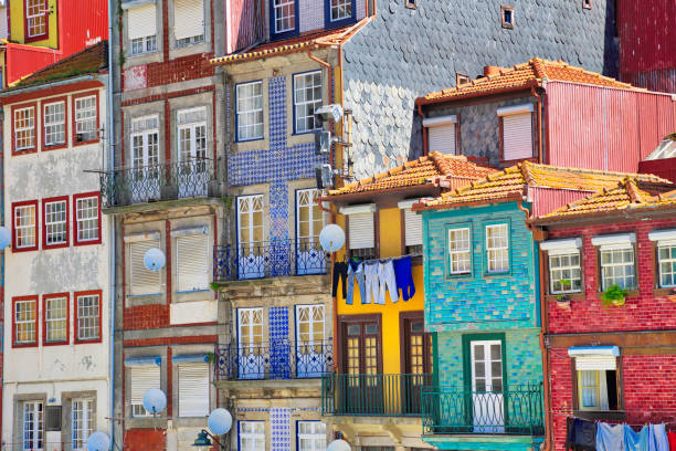 beautiful and colorful porto streets near rio douro - porto portugal bridge international landmark imagens e fotografias de stock