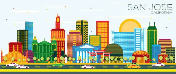 Vector illustration of San Jose California Skyline with Color Buildings and Blue Sky.