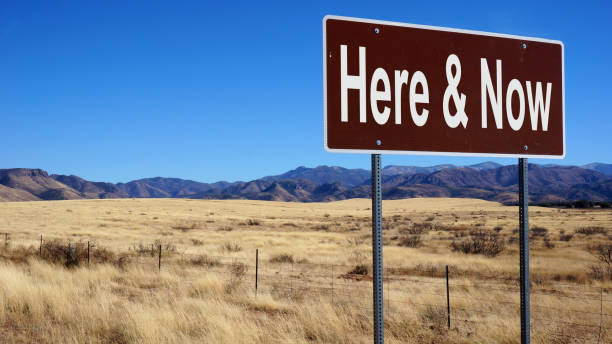 istock Here and Now road sign with blue sky and wilderness 1020356504