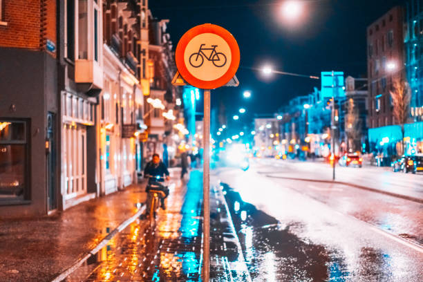 istock Bicycle lane sign on a night street 1020359412