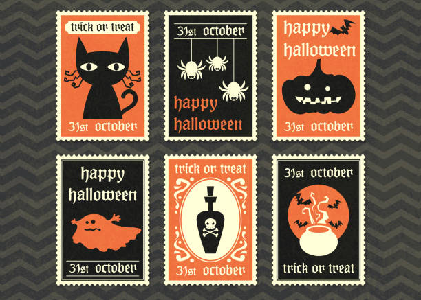 ilustraciones, imágenes clip art, dibujos animados e iconos de stock de tarjeta de felicitación del feliz halloween fiesta vector set. - linterna de halloween ilustraciones