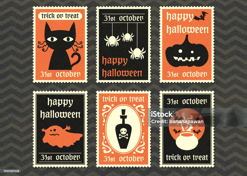 happy halloween party vector greeting card set. happy halloween greeting card  set.halloween symbol vector postage stamp collection. Halloween stock vector