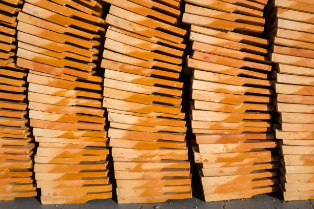Clay tiles roof orange pile stacked