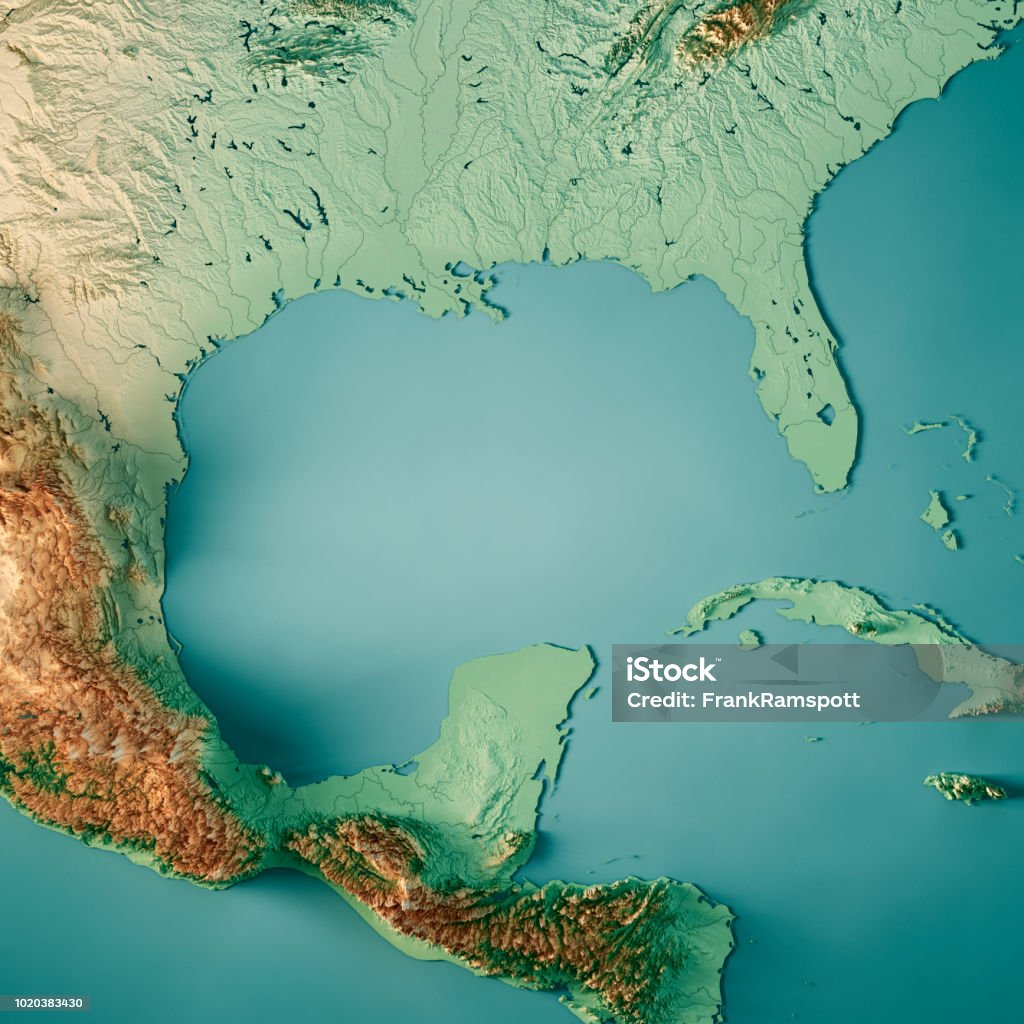 Golf von Mexiko 3D-Render Topographische Karte Farbe - Lizenzfrei Karte - Navigationsinstrument Stock-Foto