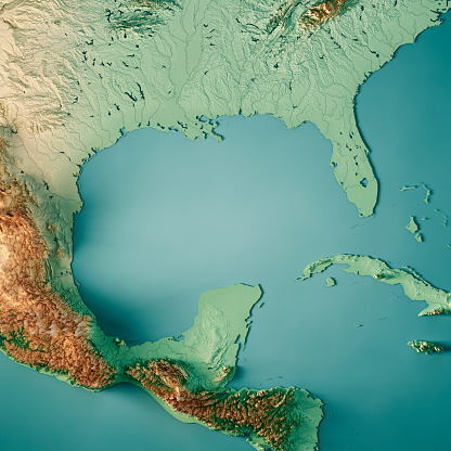 3D Render of a Topographic Map of the Gulf of Mexico, Central America.
All source data is in the public domain.
Color texture and Rivers: Made with Natural Earth. 
http://www.naturalearthdata.com/downloads/10m-raster-data/10m-cross-blend-hypso/
http://www.naturalearthdata.com/downloads/10m-physical-vectors/
Relief texture: SRTM data courtesy of USGS. URL of source image: 
https://e4ftl01.cr.usgs.gov//MODV6_Dal_D/SRTM/SRTMGL1.003/2000.02.11/
Water texture: HIU World Water Body Limits:
http://geonode.state.gov/layers/?limit=100&offset=0&title__icontains=World%20Water%20Body%20Limits%20Detailed%202017Mar30