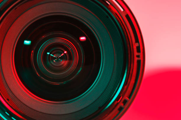 istock Front of lens camera and light shade color from two flash. 1020383504